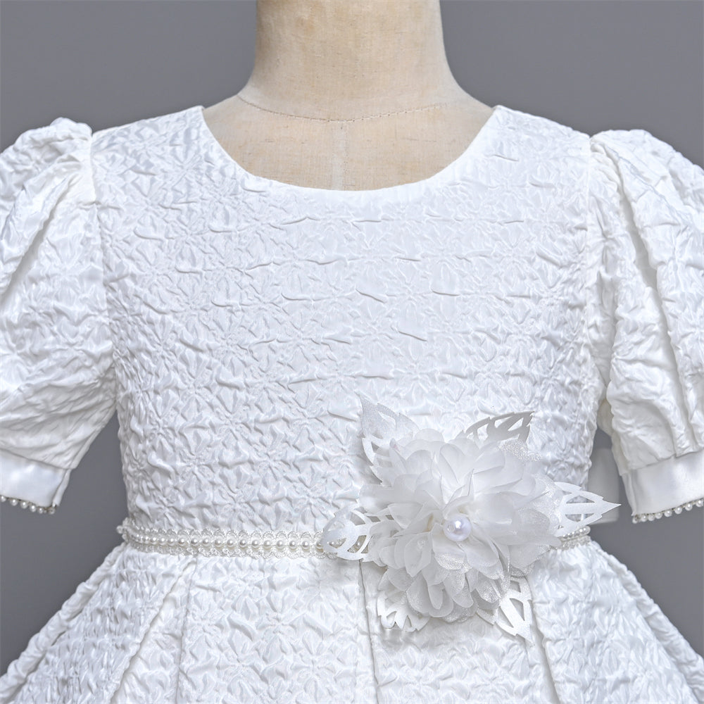 WA0117 2 to 7 Years Pure White Dress for girls Puff Sleeves Ball Gown Elegant Fabric o-neck children clothes girl with Pearls Decoration