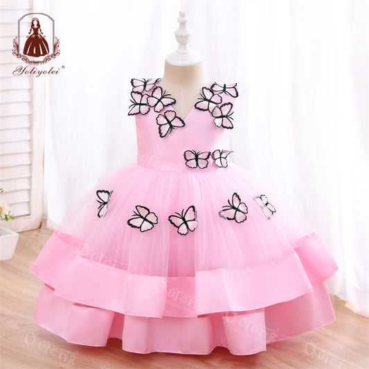 DK230 Summer Butterfly Pattern Comfortable Mesh Sleeveless Girl Party Princess Dress For Kids 2-5 Years