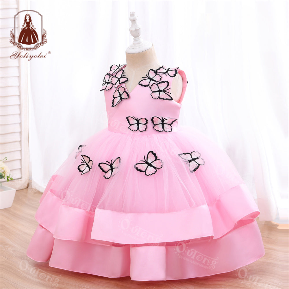 DK230 Summer Butterfly Pattern Comfortable Mesh Sleeveless Girl Party Princess Dress For Kids 2-5 Years