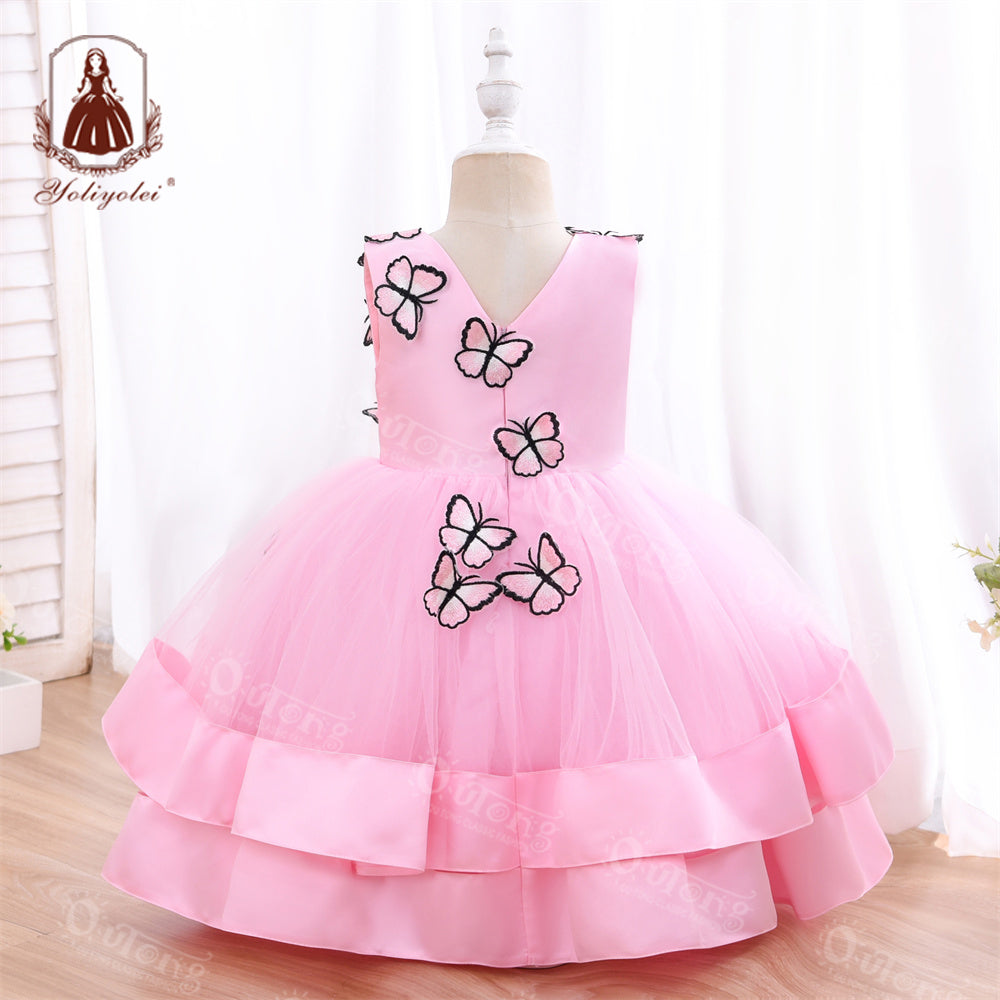 DK230 Summer Butterfly Pattern Comfortable Mesh Sleeveless Girl Party Princess Dress For Kids 2-5 Years