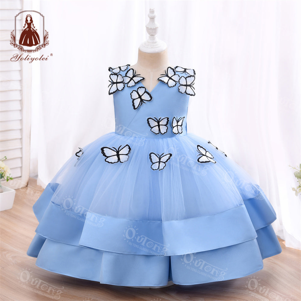 DK230 Summer Butterfly Pattern Comfortable Mesh Sleeveless Girl Party Princess Dress For Kids 2-5 Years