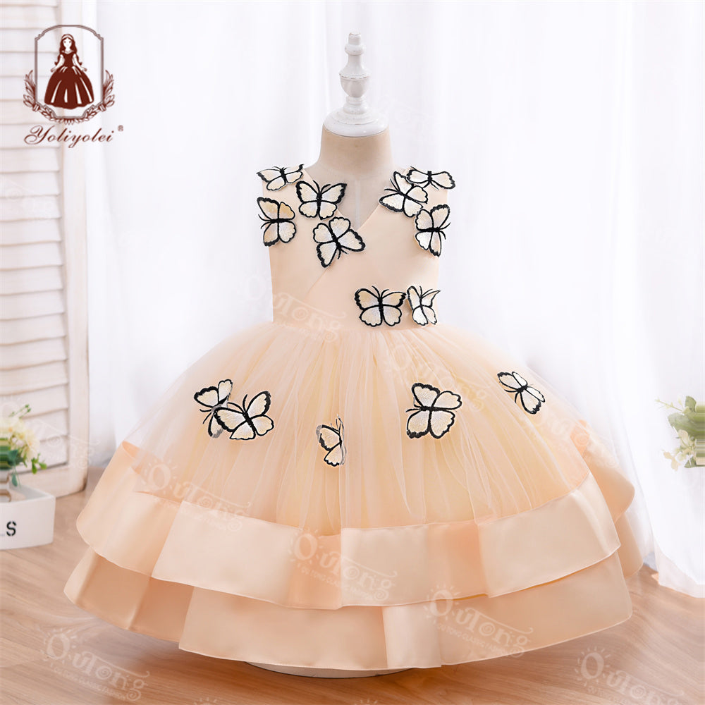 DK230 Summer Butterfly Pattern Comfortable Mesh Sleeveless Girl Party Princess Dress For Kids 2-5 Years