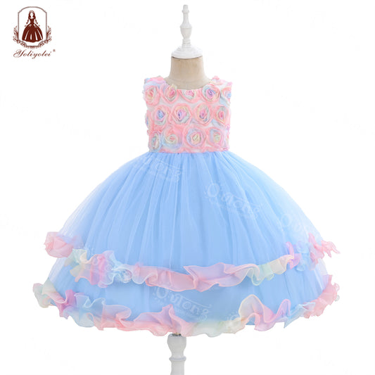 WG001 Children's Rainbow Rose Cake Tutu Skirt Festival Party Princess Evening Dress Wedding Mesh Flower Girl Dress