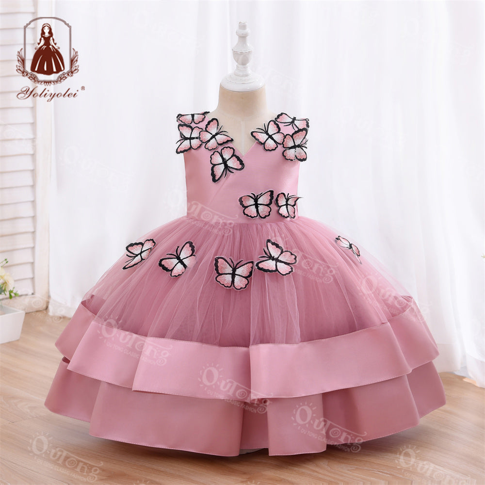 DK230 Summer Butterfly Pattern Comfortable Mesh Sleeveless Girl Party Princess Dress For Kids 2-5 Years