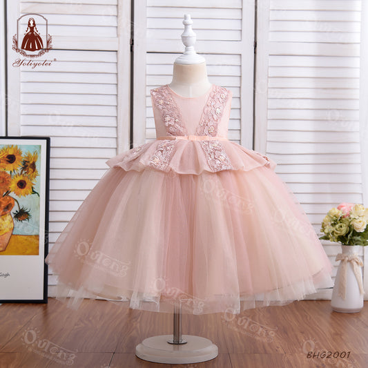 BHG2001 Outong Yoliyolei For 2-5 Years Old Pink Sleeveless Embroidery Cute Girl Party Evening Flower Girls' Dresses