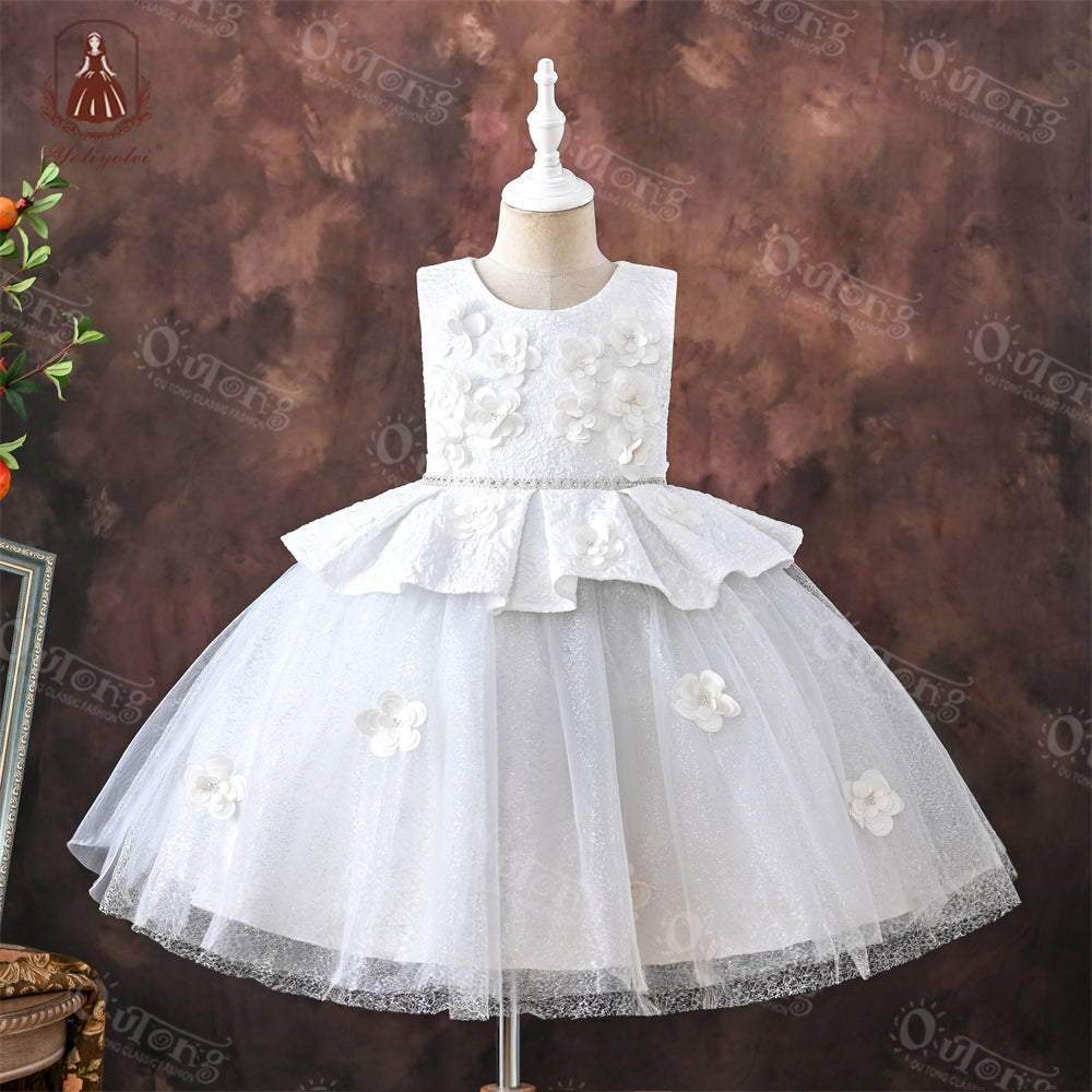 V8-027 3 to 9 Years Shiny Party Princess Dress Retro Formal Clothing Christmas Flower Girl 3D Pattern Elegant Kids Dresses for Girls