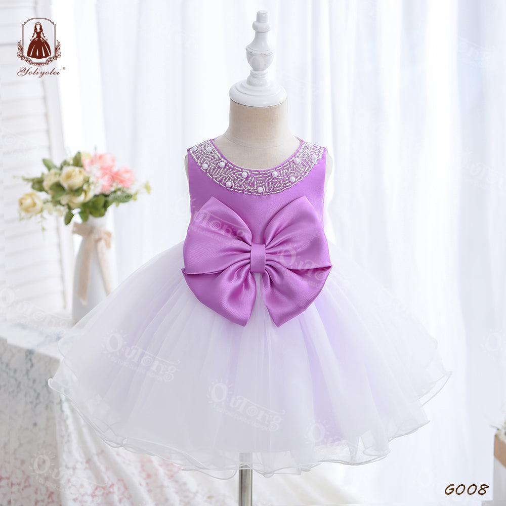 G008 European Style Beading Dress Polyester Kid Children Princess Girl Dress With Big Bow