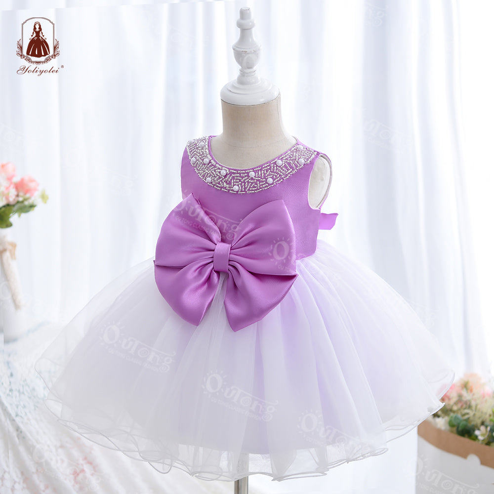 G008 European Style Beading Dress Polyester Kid Children Princess Girl Dress With Big Bow