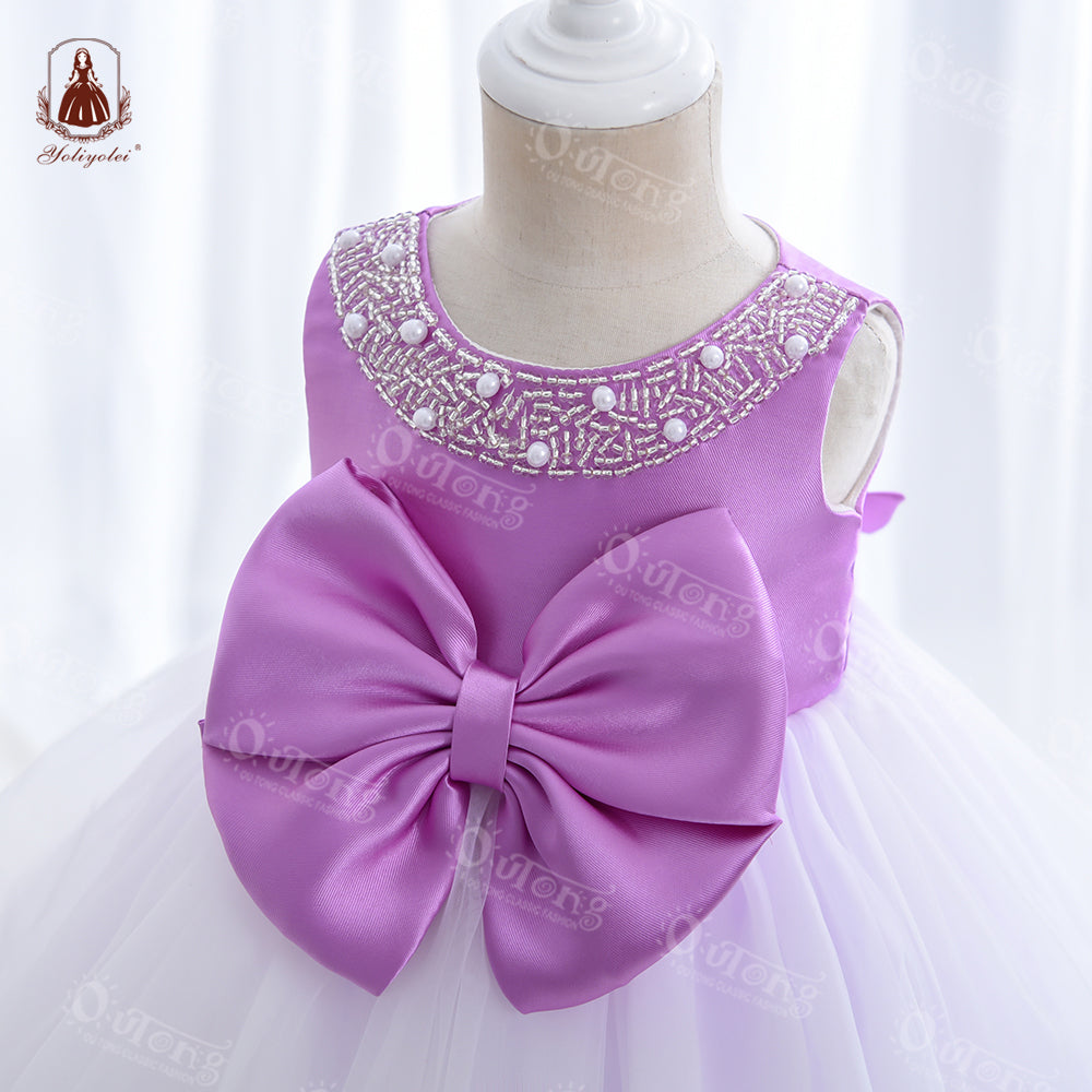 G008 European Style Beading Dress Polyester Kid Children Princess Girl Dress With Big Bow