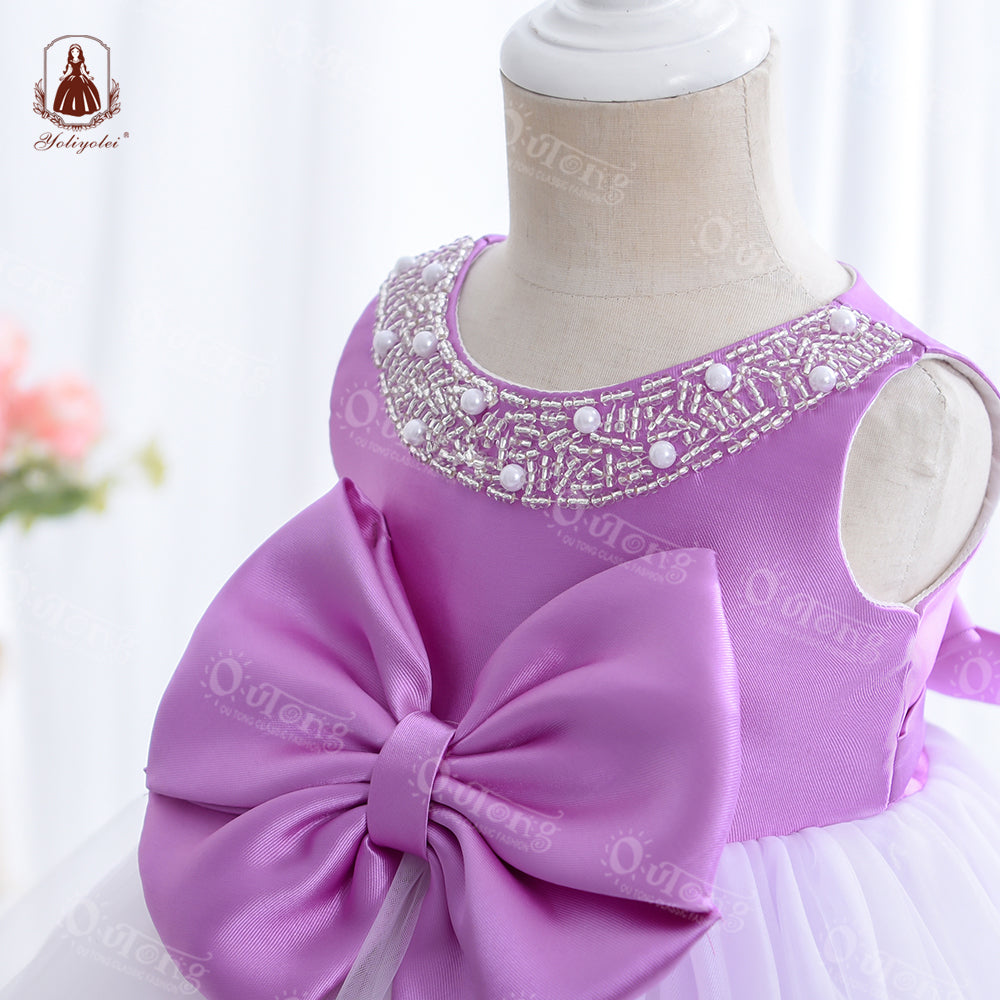 G008 European Style Beading Dress Polyester Kid Children Princess Girl Dress With Big Bow