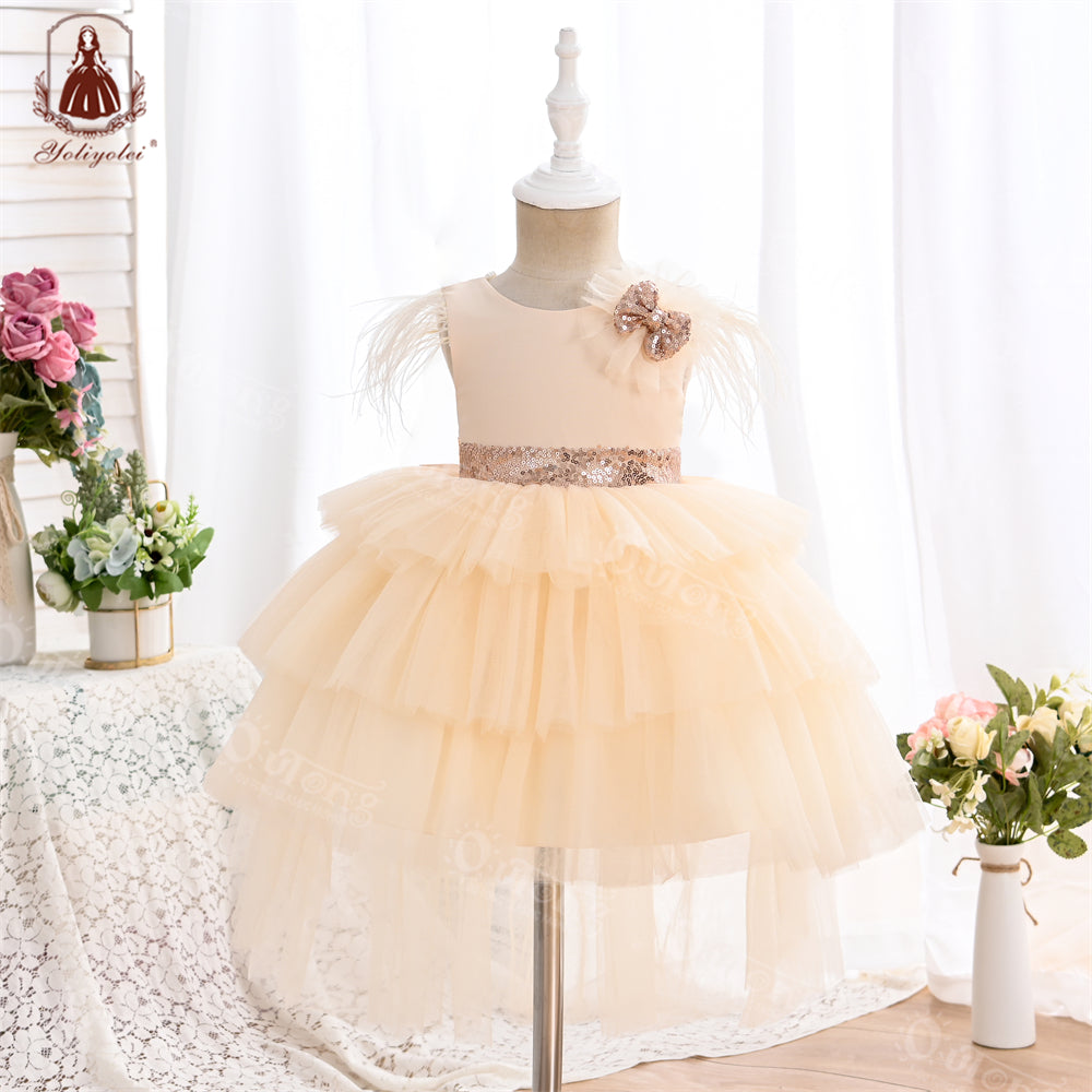 RA019 1 to 5 Years Outong New Girls Dress Sequins Layered Tulle V-Back Design With Headband Tutu Skirt Wedding Flower Girl Dress