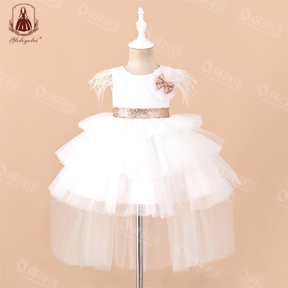 RA019 1 to 5 Years Outong New Girls Dress Sequins Layered Tulle V-Back Design With Headband Tutu Skirt Wedding Flower Girl Dress