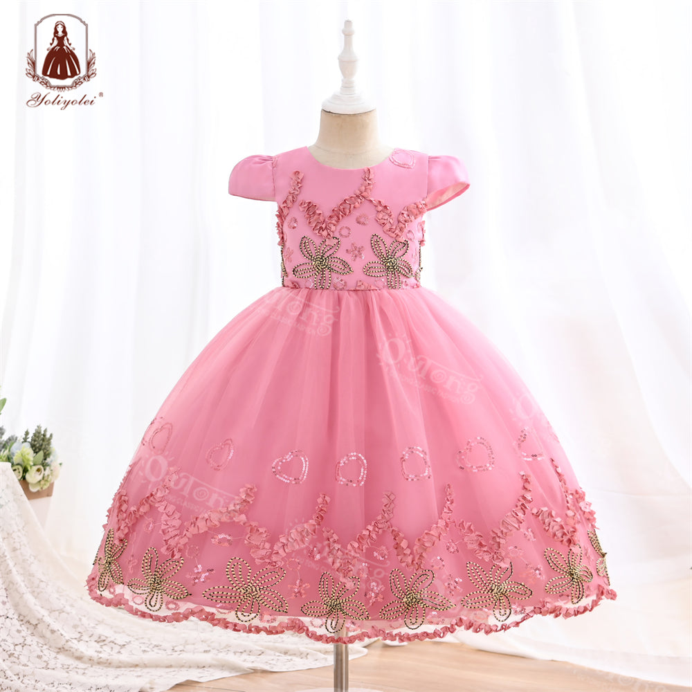 S2926 5-9 Outong Yoliyolei Short Sleeves Girl Birthday  Party Custome Dress Flower Dress Children Tulle Gown