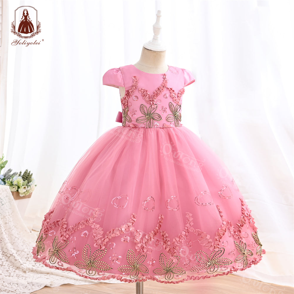 S2926 5-9 Outong Yoliyolei Short Sleeves Girl Birthday  Party Custome Dress Flower Dress Children Tulle Gown