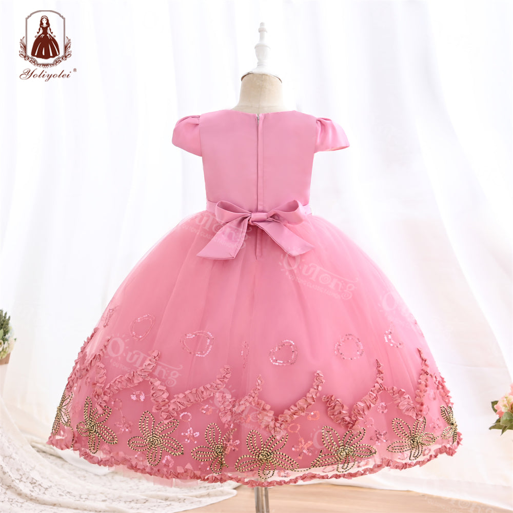 S2926 5-9 Outong Yoliyolei Short Sleeves Girl Birthday  Party Custome Dress Flower Dress Children Tulle Gown