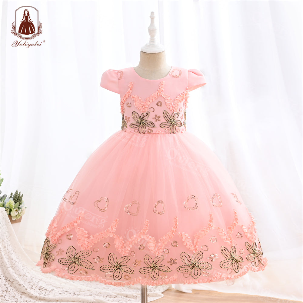 S2926 5-9 Outong Yoliyolei Short Sleeves Girl Birthday  Party Custome Dress Flower Dress Children Tulle Gown