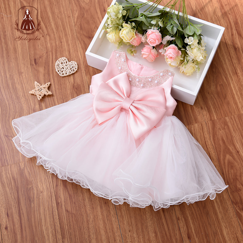 G008 European Style Beading Dress Polyester Kid Children Princess Girl Dress With Big Bow