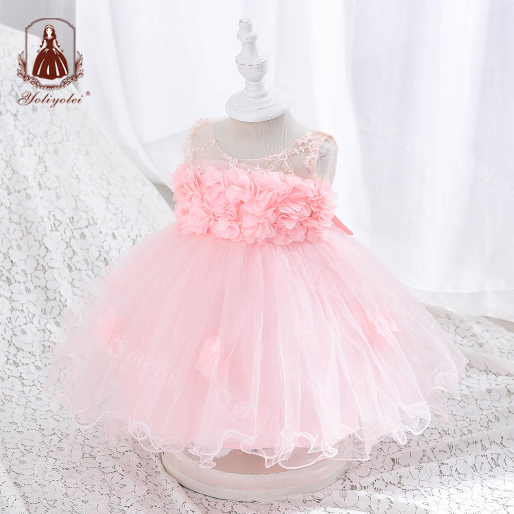 VK9 Yoliyolei Summer Baptism Dress for Party Dress Frocks Formal Petal Lace Girl Dress