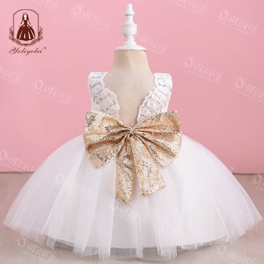 M191 White Baptism Dresses Girl Sequins Applique With Bling Bow Party Dress