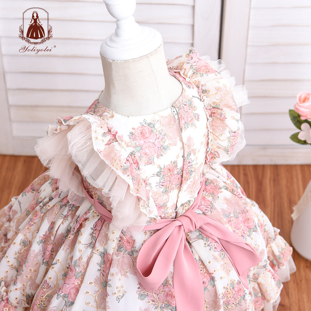 W3331 Wholesale 1st Birthday Party Dress Hollow Embroidery Floral Printed Kids Ball Gown Royal Lolita Spanish NewBorn Baby Girl Dress