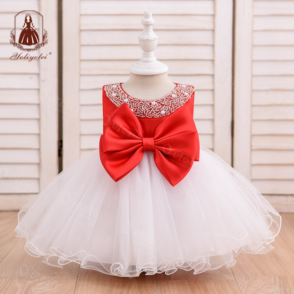 G008 European Style Beading Dress Polyester Kid Children Princess Girl Dress With Big Bow