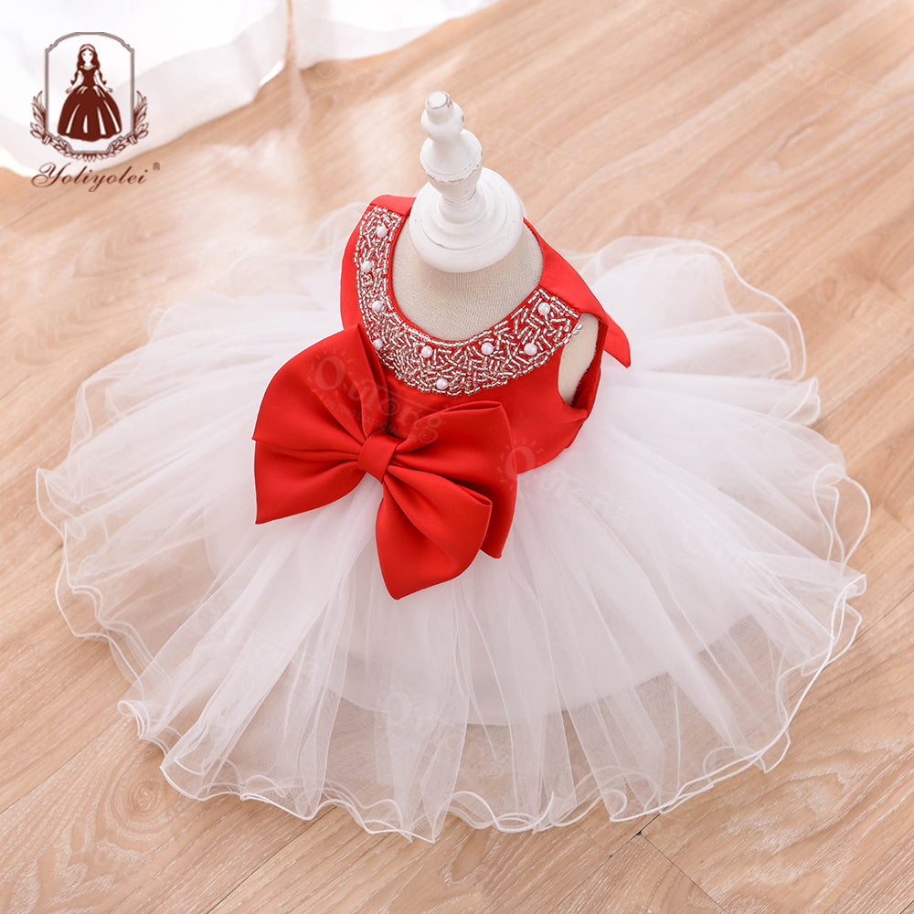 G008 European Style Beading Dress Polyester Kid Children Princess Girl Dress With Big Bow