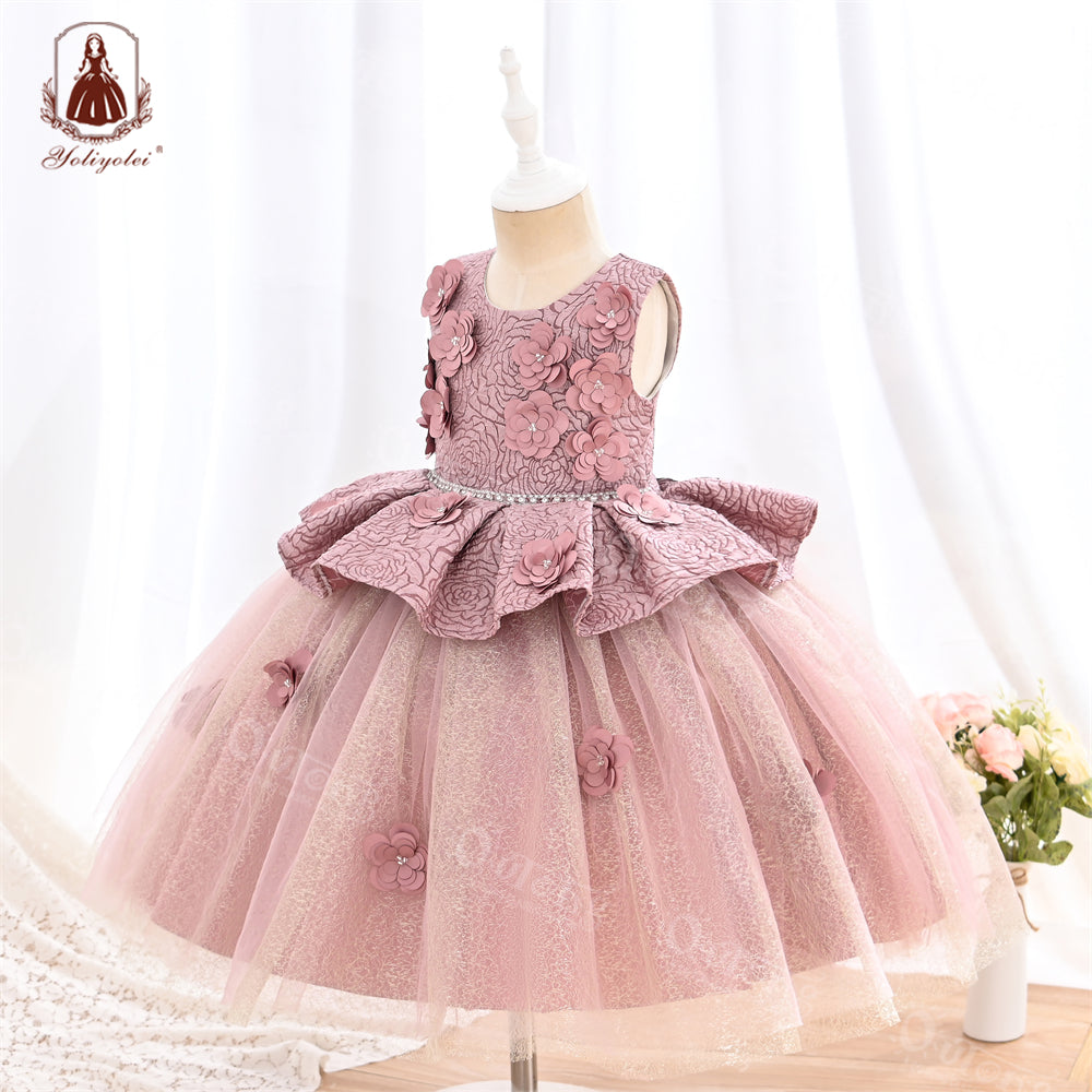 V8-027 3 to 9 Years Shiny Party Princess Dress Retro Formal Clothing Christmas Flower Girl 3D Pattern Elegant Kids Dresses for Girls