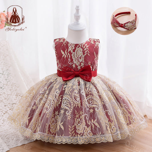 CRY022 Girls Dresses Flower Girl Princess Frocks Tulle Birthday Dress for Kids