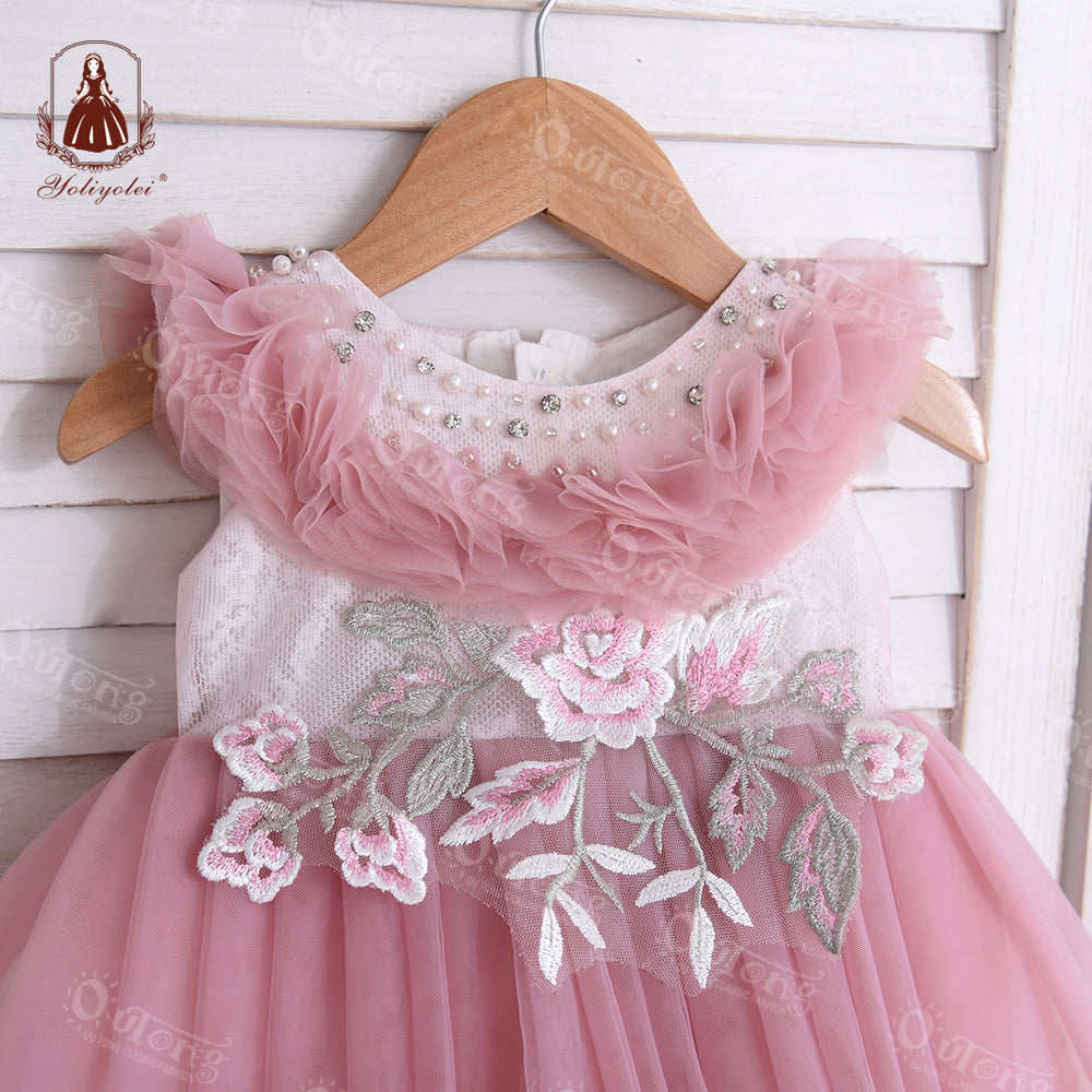 Bos2028 Outong Yoliyolei Summer Pink NewBorn Layered Baby Formal Flower Girl Dress Kid Party Princess Birthday Children Dress