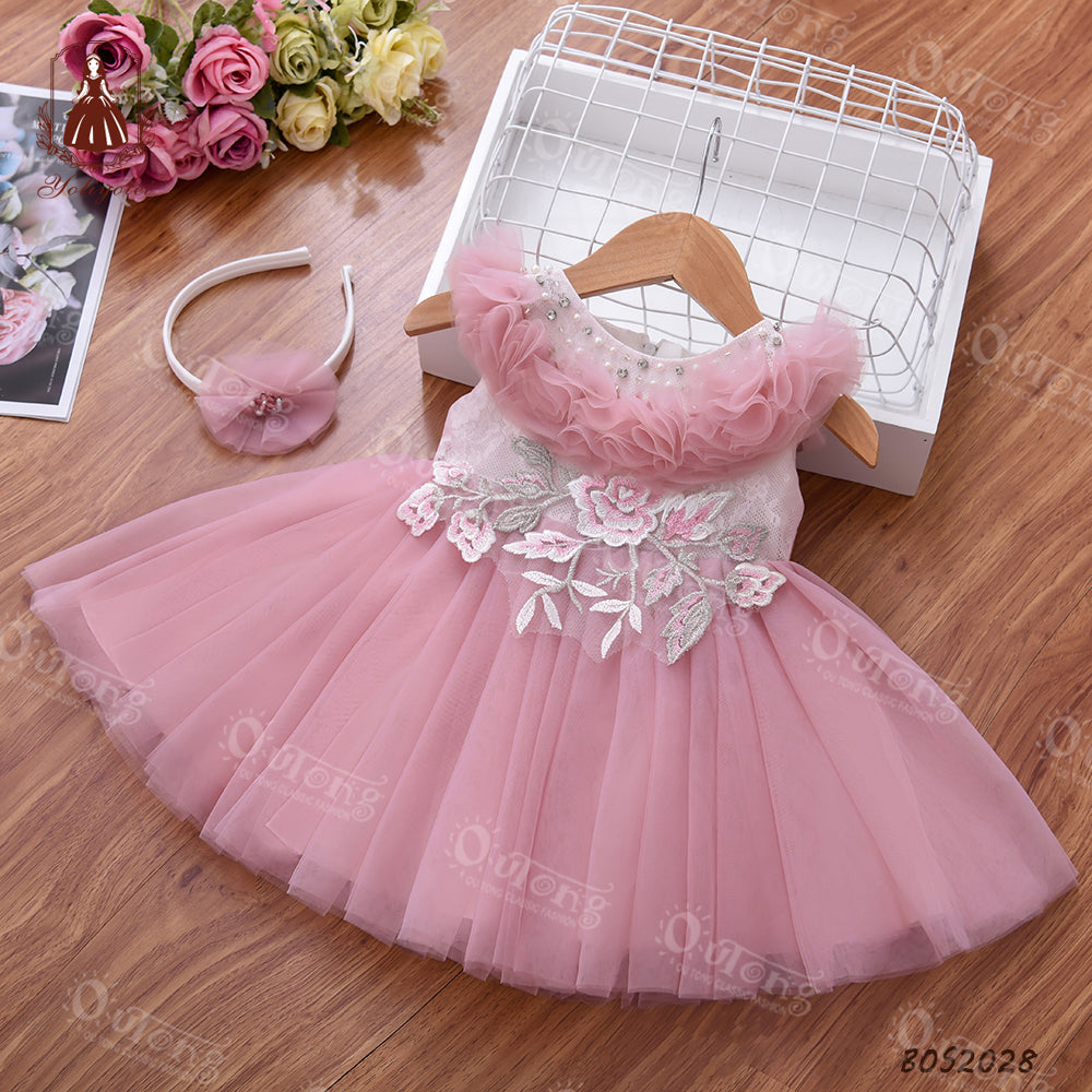 Bos2028 Outong Yoliyolei Summer Pink NewBorn Layered Baby Formal Flower Girl Dress Kid Party Princess Birthday Children Dress