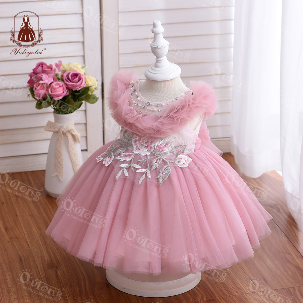 Bos2028 Outong Yoliyolei Summer Pink NewBorn Layered Baby Formal Flower Girl Dress Kid Party Princess Birthday Children Dress