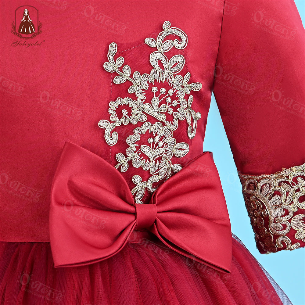 A1-500 3 to 12 Years Golden Lines 1 / 2 Sleeves Party dresses for Weddings Elegant Cute Bow Girl's Ceremonial Dress