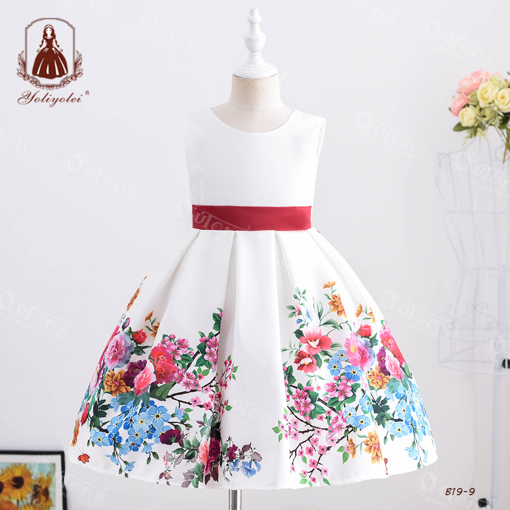 B19-9 3-9 Size Outong Yoliyolei Casual Printed Girl Kids Dress Party Flower Bow Dresses