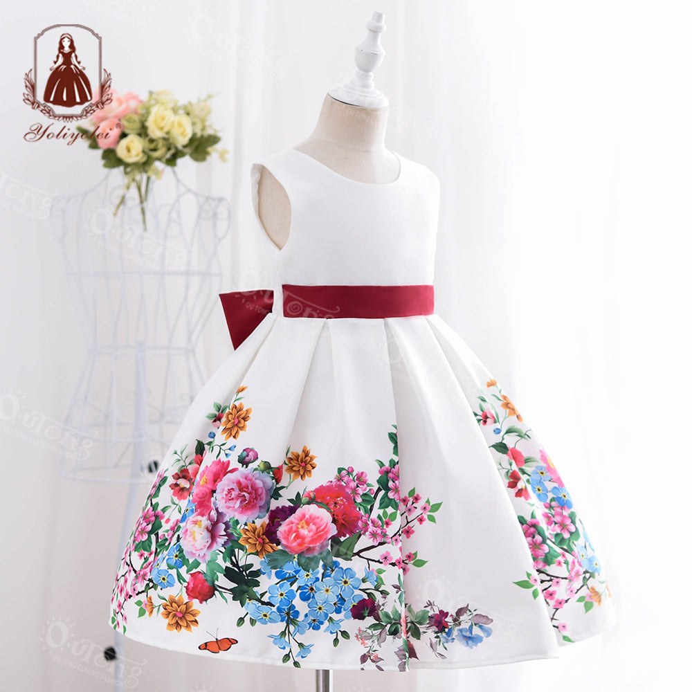 B19-9 3-9 Size Outong Yoliyolei Casual Printed Girl Kids Dress Party Flower Bow Dresses