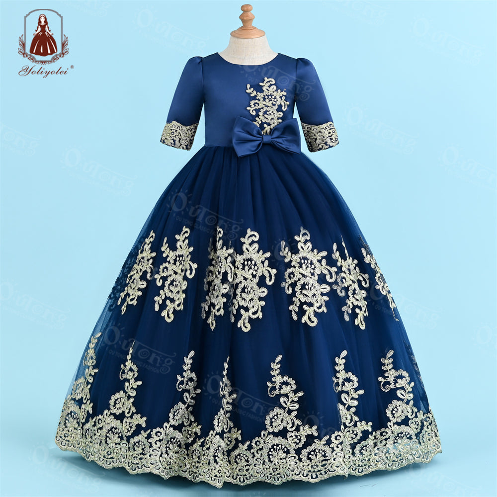 A1-500 3 to 12 Years Golden Lines 1 / 2 Sleeves Party dresses for Weddings Elegant Cute Bow Girl's Ceremonial Dress