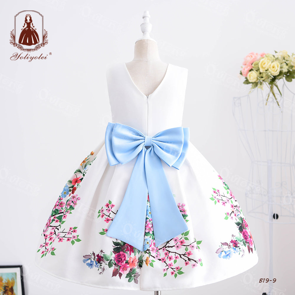 B19-9 3-9 Size Outong Yoliyolei Casual Printed Girl Kids Dress Party Flower Bow Dresses