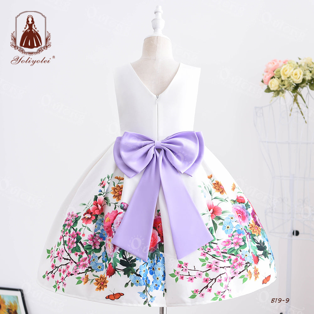 B19-9 3-9 Size Outong Yoliyolei Casual Printed Girl Kids Dress Party Flower Bow Dresses