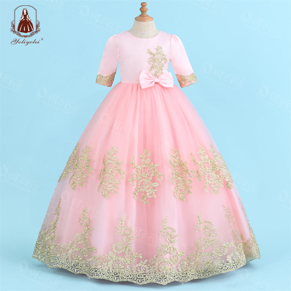 A1-500 3 to 12 Years Golden Lines 1 / 2 Sleeves Party dresses for Weddings Elegant Cute Bow Girl's Ceremonial Dress