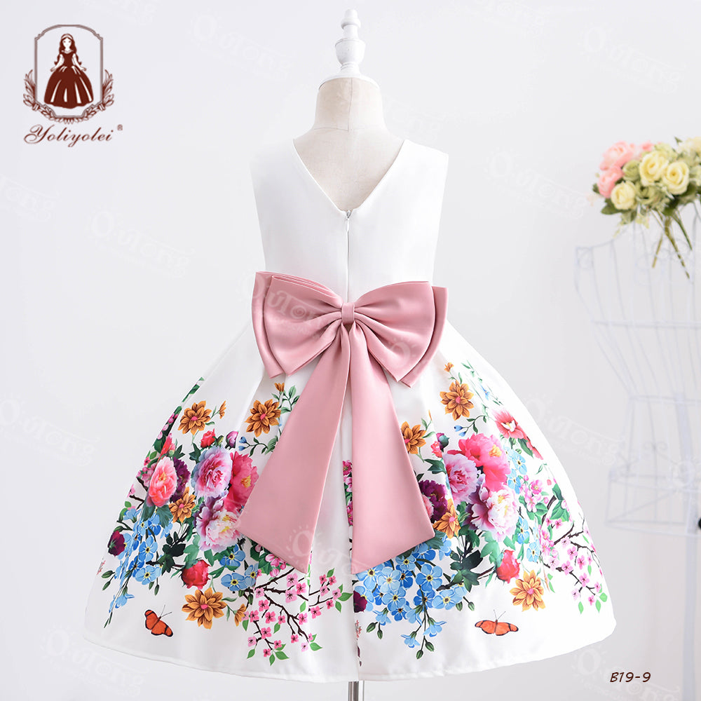 B19-9 3-9 Size Outong Yoliyolei Casual Printed Girl Kids Dress Party Flower Bow Dresses