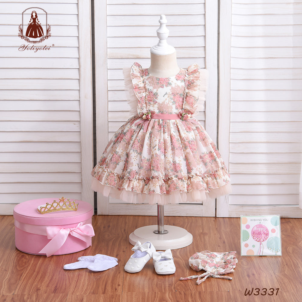 W3331 Wholesale 1st Birthday Party Dress Hollow Embroidery Floral Printed Kids Ball Gown Royal Lolita Spanish NewBorn Baby Girl Dress