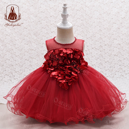 EA010 Yoliyolei Christmas Pearl Neck Petal Lace Dress Birthday for Girls Tutu Baptism Dress