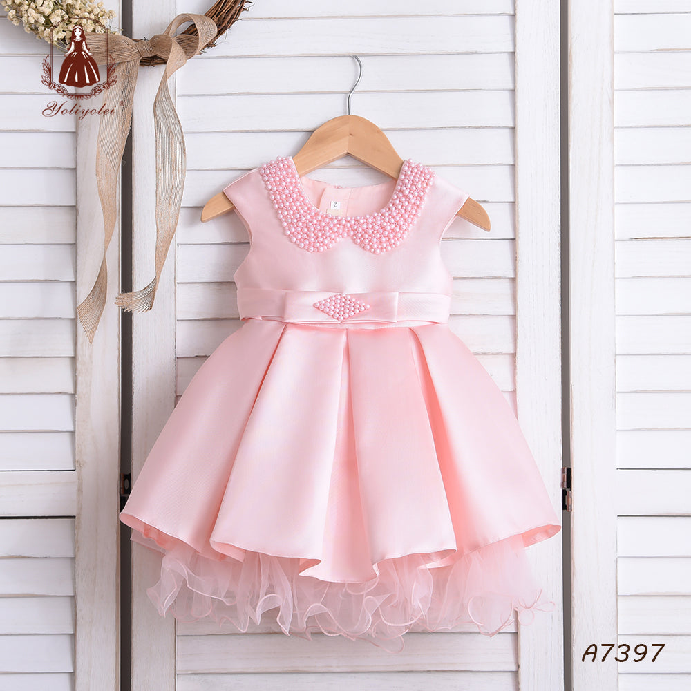 A7397 Solid Pink Bead Peter Pan Collar Pleated Stain Latest Western Party Wear Girl Dress