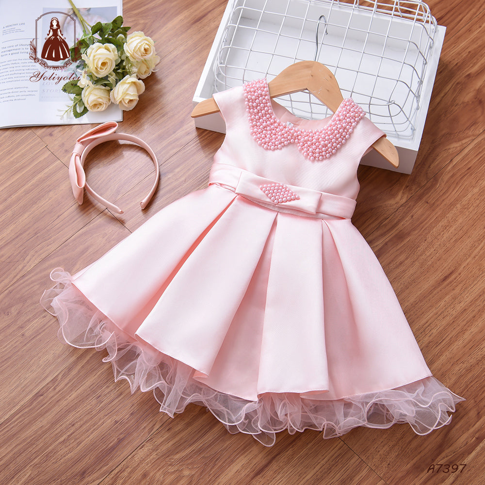 A7397 Solid Pink Bead Peter Pan Collar Pleated Stain Latest Western Party Wear Girl Dress