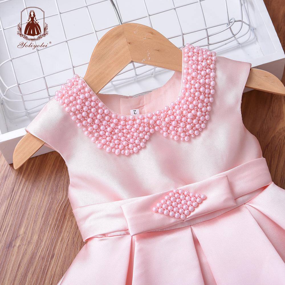 A7397 Solid Pink Bead Peter Pan Collar Pleated Stain Latest Western Party Wear Girl Dress