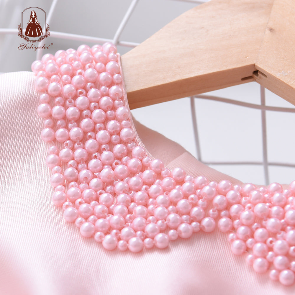 A7397 Solid Pink Bead Peter Pan Collar Pleated Stain Latest Western Party Wear Girl Dress