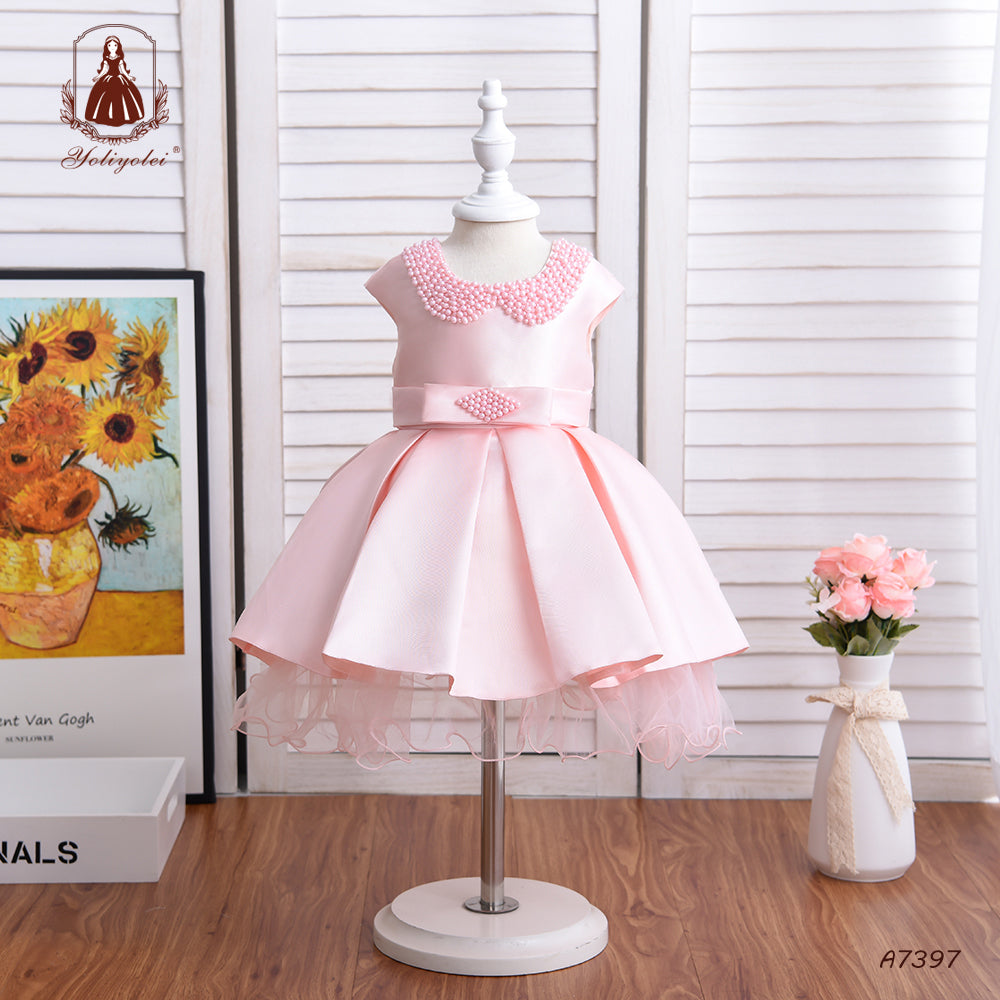 A7397 Solid Pink Bead Peter Pan Collar Pleated Stain Latest Western Party Wear Girl Dress