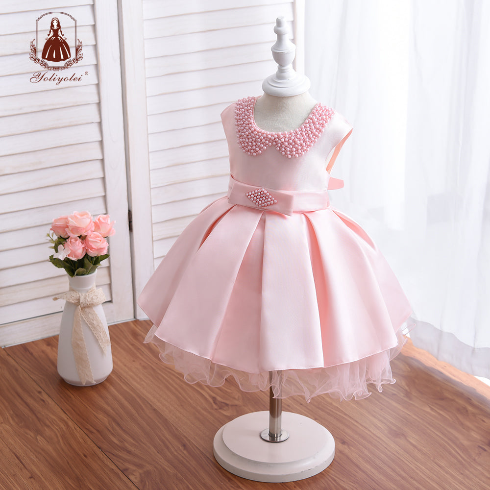 A7397 Solid Pink Bead Peter Pan Collar Pleated Stain Latest Western Party Wear Girl Dress