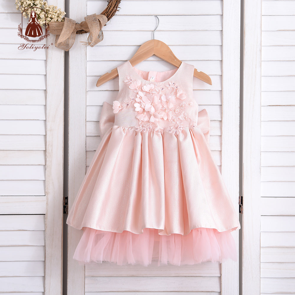 K18007 New Summer Wholesalers Lace Flower Elegant Sleeveless Crew Neck Bow White Party Girl Princess Dress