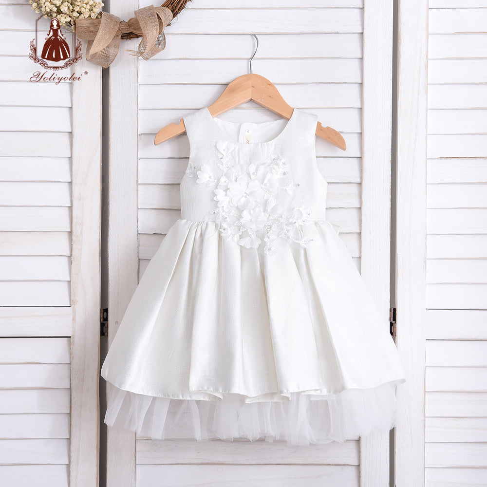 K18007 New Summer Wholesalers Lace Flower Elegant Sleeveless Crew Neck Bow White Party Girl Princess Dress