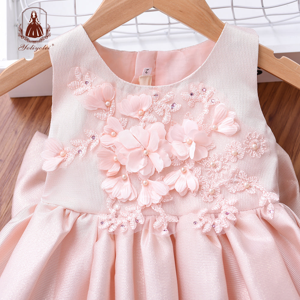 K18007 New Summer Wholesalers Lace Flower Elegant Sleeveless Crew Neck Bow White Party Girl Princess Dress